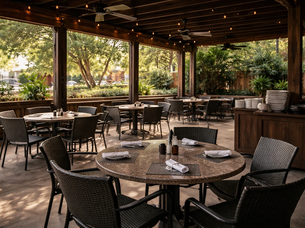 Covered patio with neatly arranged tables for a group event, server station nearby, warm evening ambiance
