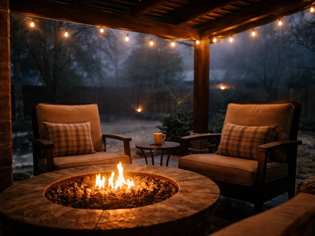 Cozy covered winter patio at night with a lit fire pit and cushioned seating, no people.
