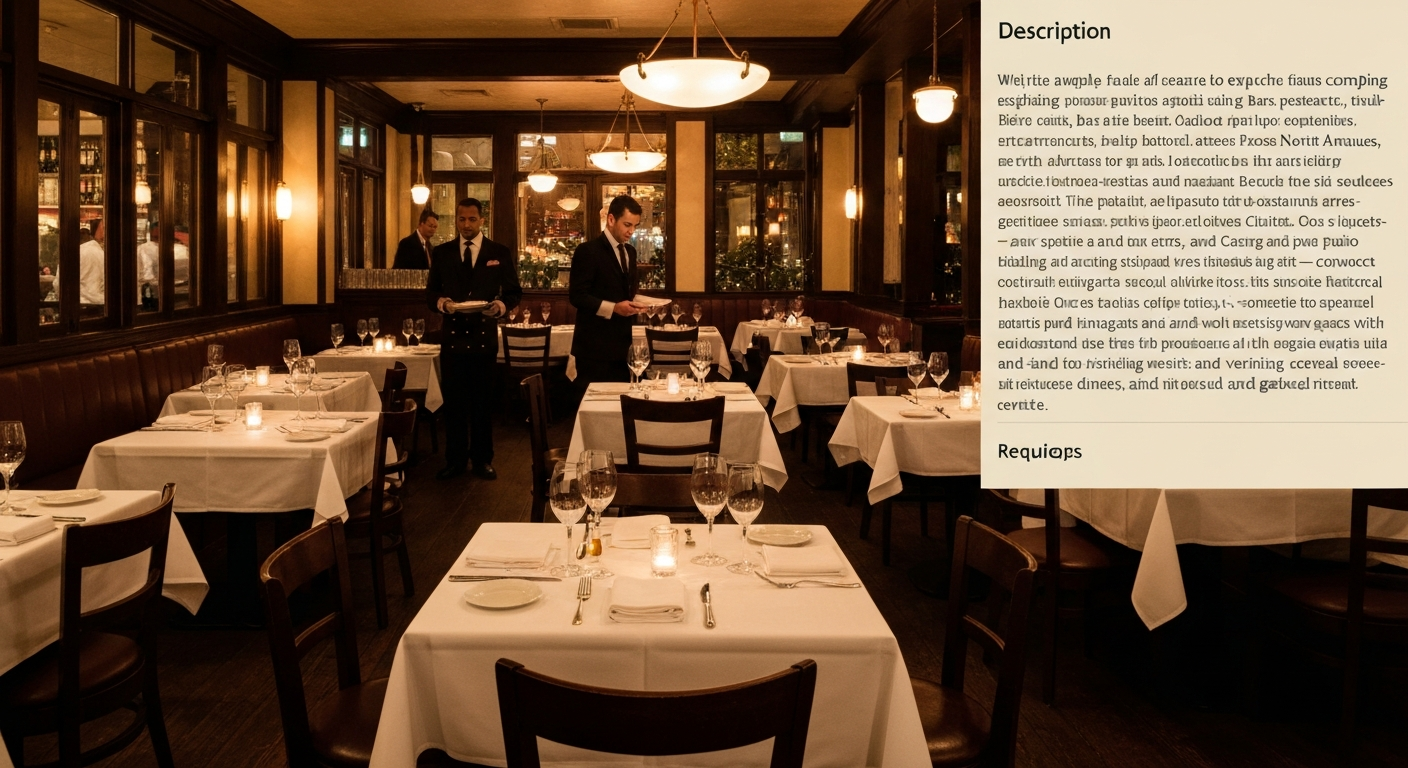 Carbone indoor dining room with tableside service and captains in jackets, warm dim lighting.