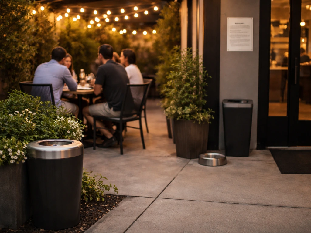 Diners seated on a quiet restaurant patio near a posted policy sign by the entrance.