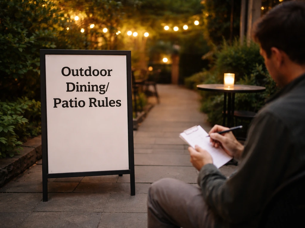 Anonymous diner at a patio entrance reviewing a checklist near a generic patio rules sign.