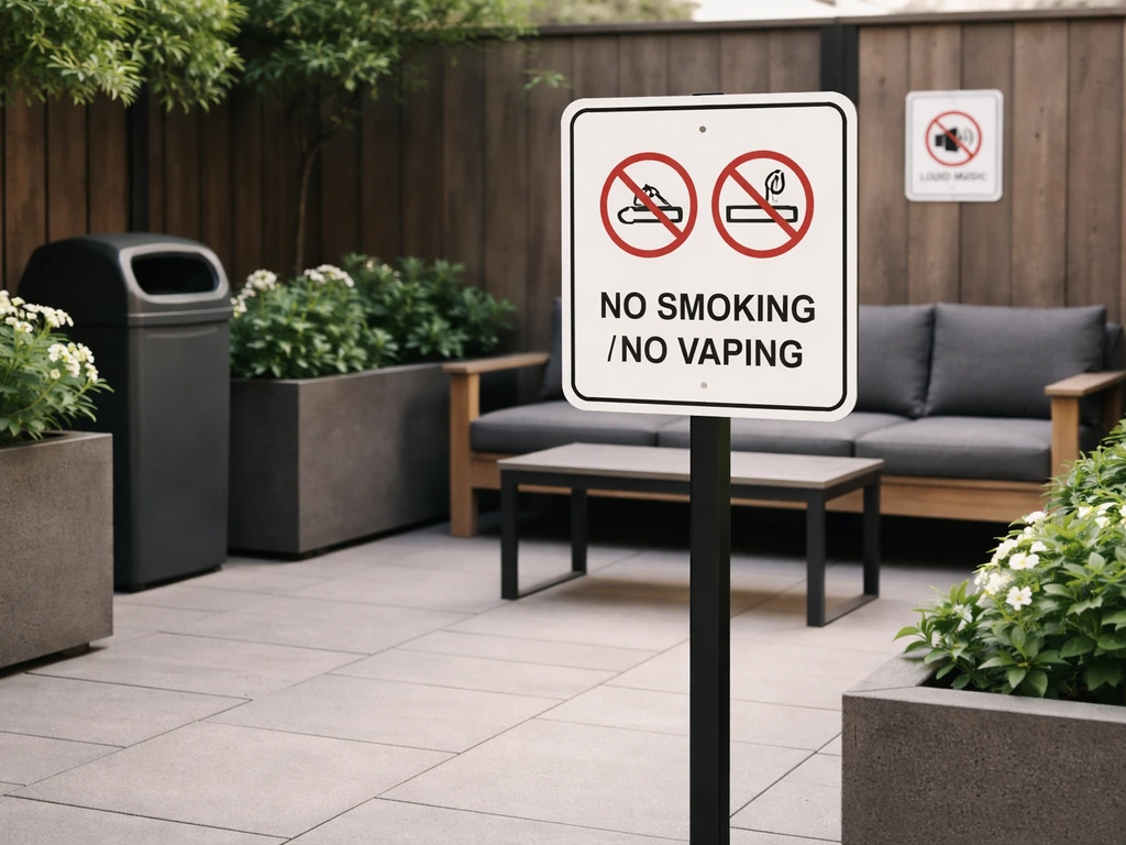 Empty patio with a visible no-smoking zone sign and a quiet-hours notice near a bench, showing cleanliness rules.