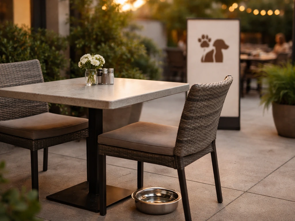 Outdoor patio table with a water bowl beside an unobtrusive sign and chairs, showing pet/service animal welcome