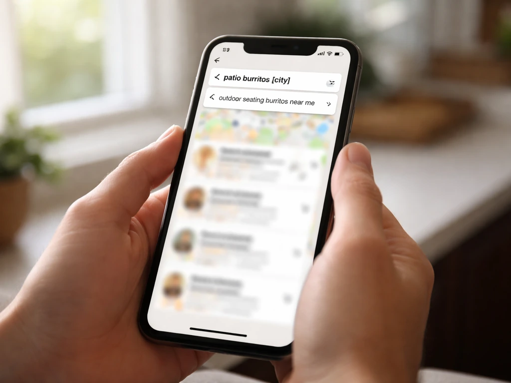 Hands holding a smartphone with a blurred map/search screen showing patio burritos near me queries.