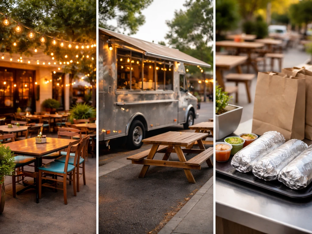Three-panel collage of a patio restaurant, a food truck with seating, and a to-go burrito counter setup.