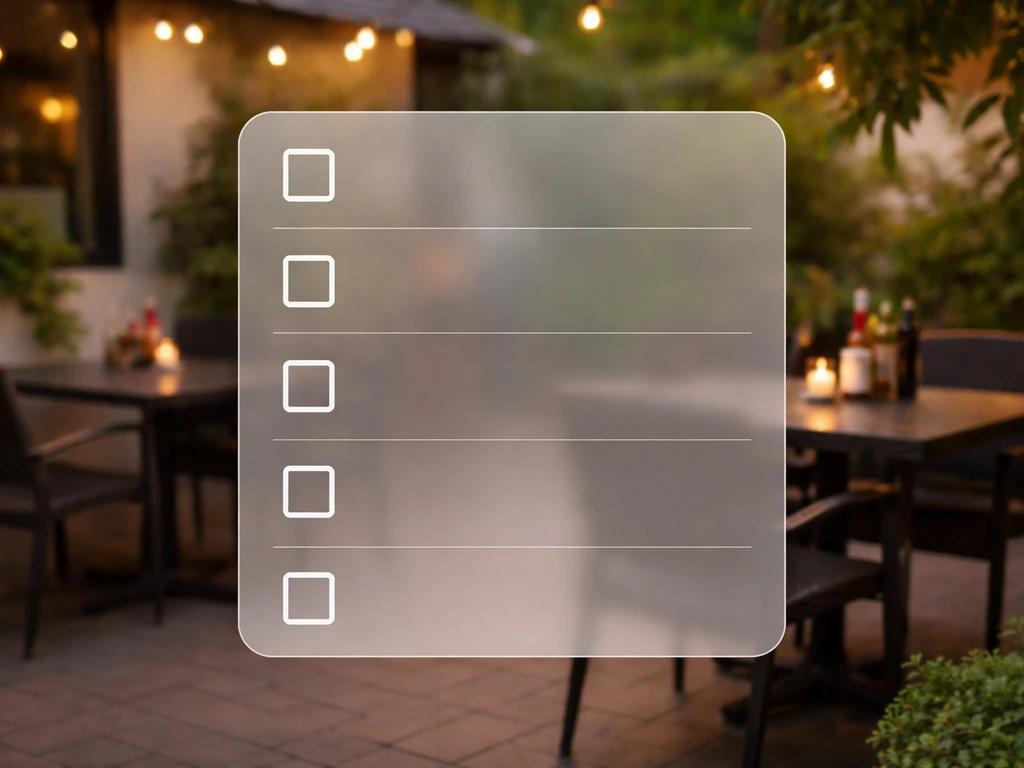 Small patio dining scene with a simple checklist-style overlay boxes for open status, burritos outside, closing time, an