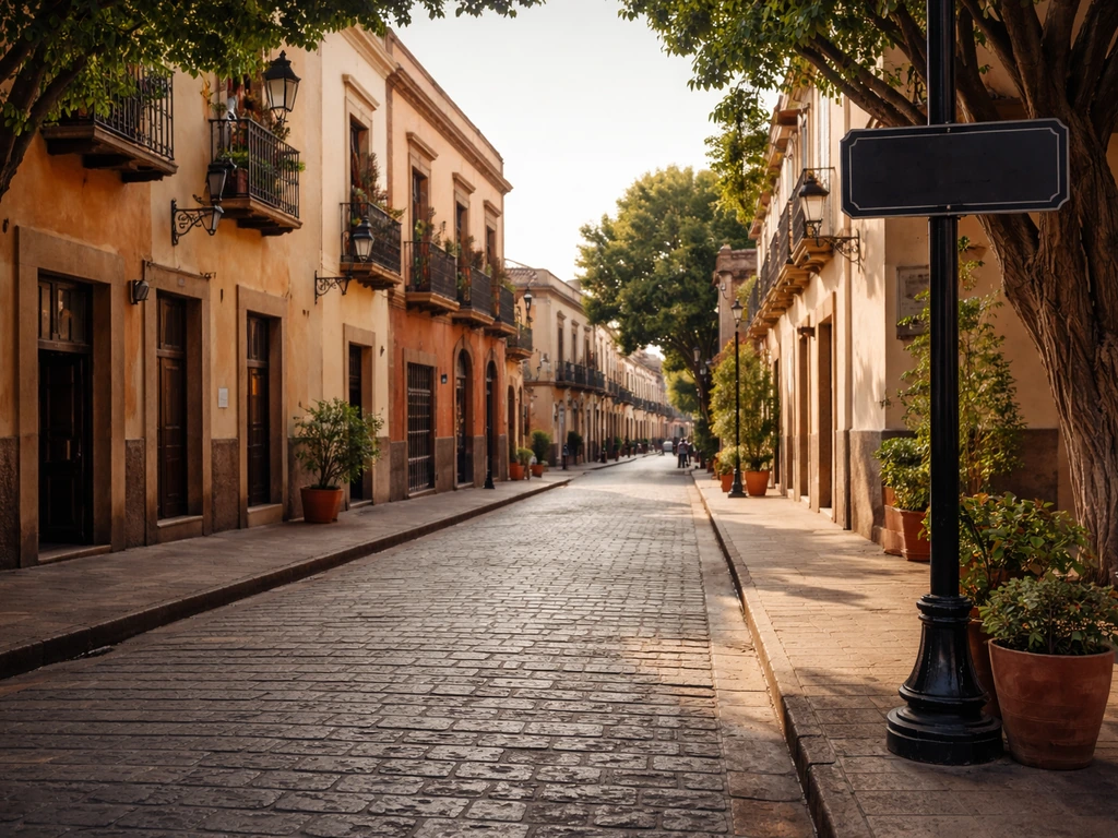Historic Centro Querétaro street with cobblestones and colonial buildings, showing a clear walking route.