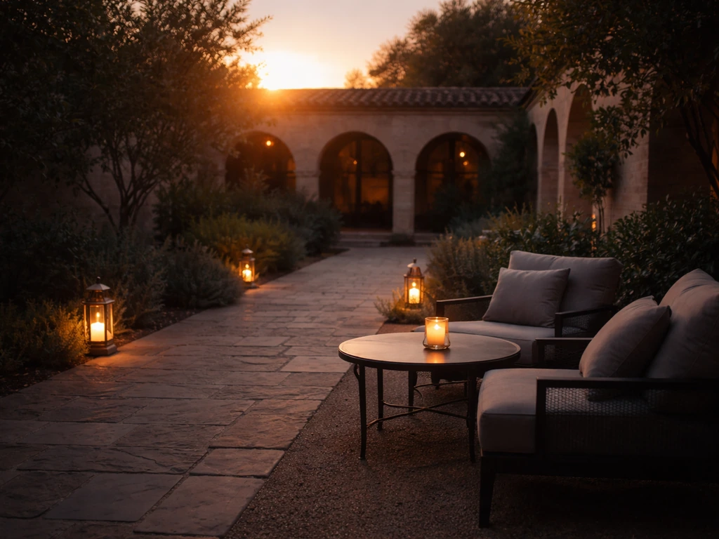 Golden-hour courtyard patio with warm lantern and candle lights glowing over a quiet stone walkway.