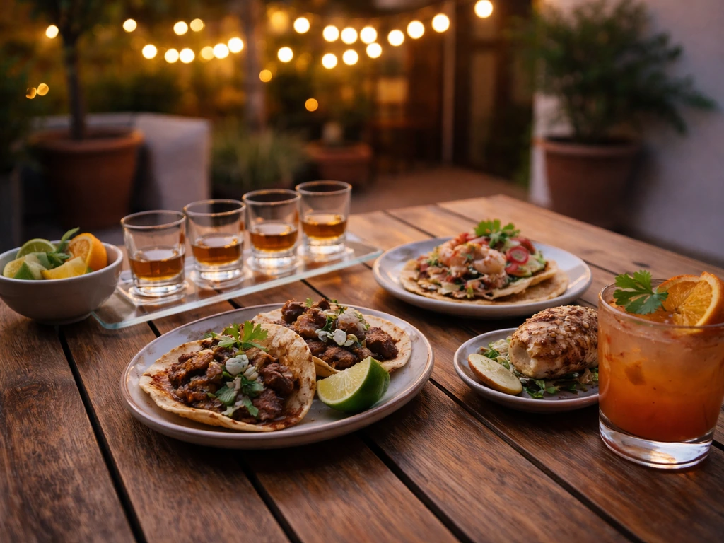 Dusk patio table with mezcal and a cocktail alongside regional Mexican dishes.