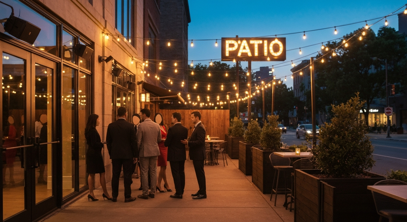 Evening patio scene showing a transition from relaxed dining to nightclub mode: well-dressed guests, a bouncer at the door, and warm string-light atmosphere.