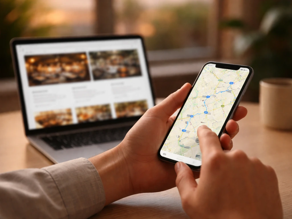 Person holding a smartphone with map directions while looking at a patio venue website on a laptop in Phoenix