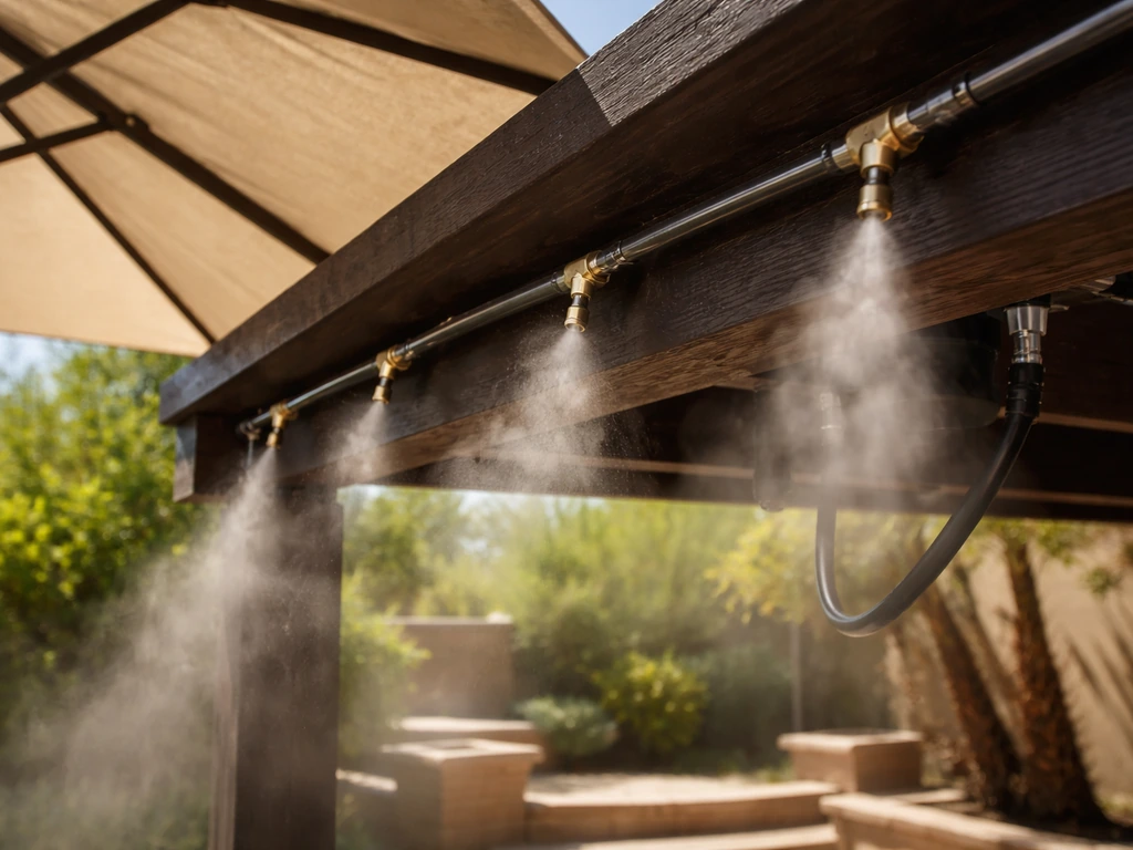 Close-up of a Phoenix patio misting nozzles and umbrella shade cooling setup in hot sunlight.