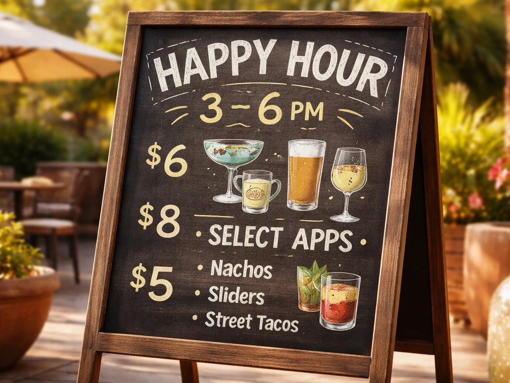 Close view of an outdoor patio happy hour menu board showing a 3–6 PM time window and drink specials