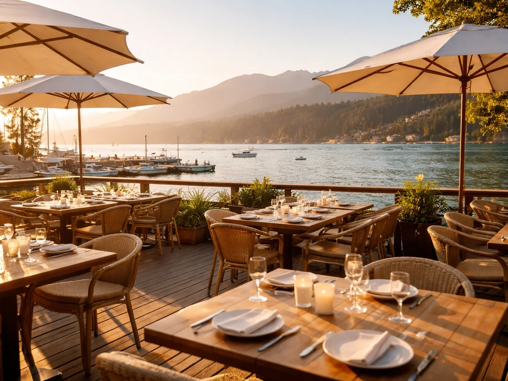 Sunlit West Vancouver waterfront patio dining with umbrellas, harbor boats, and skyline in the background.