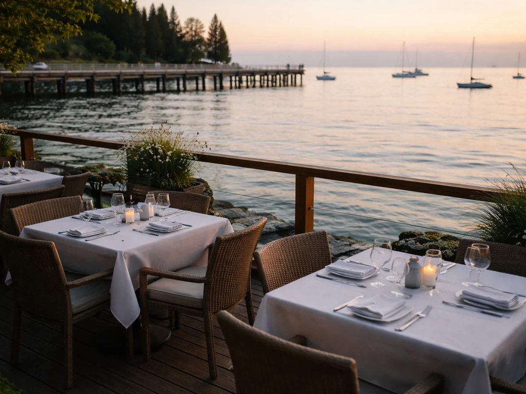 Waterfront patio on Dundarave Pier with set outdoor tables and harbour/ocean view behind.