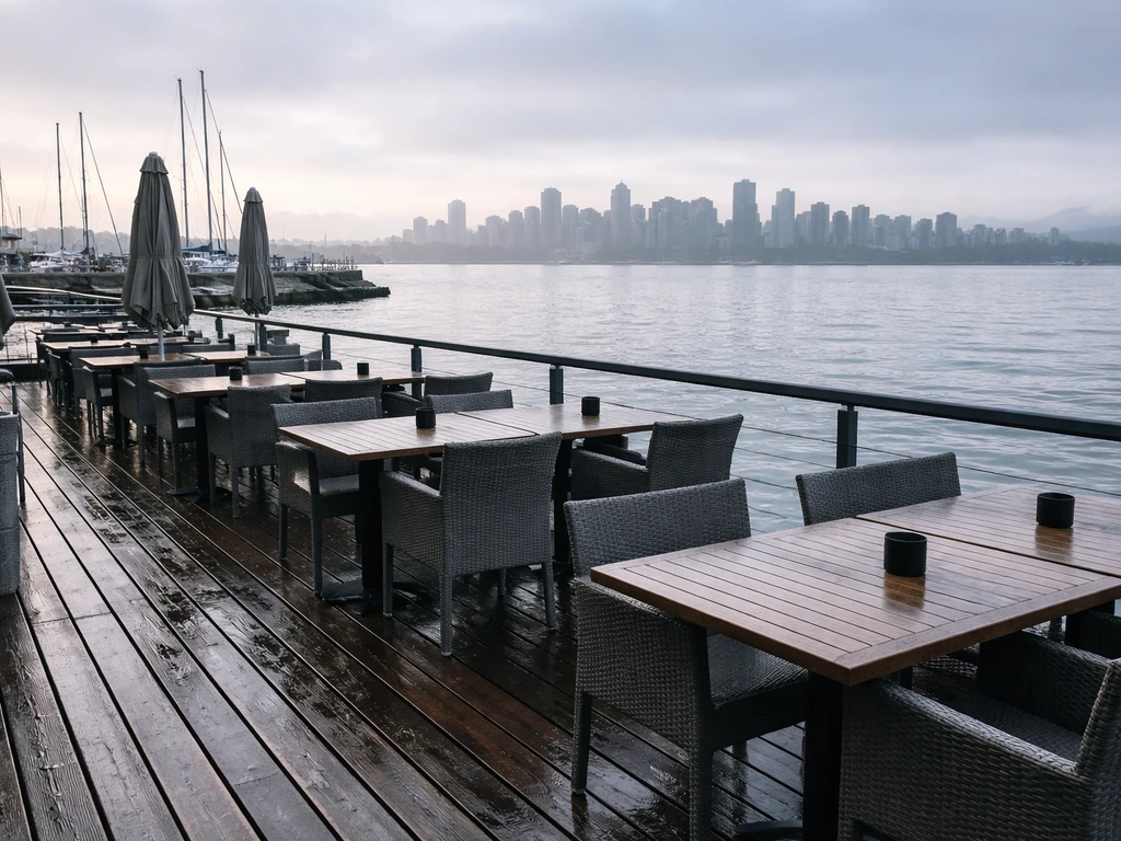 Waterfront patio at Pier 7 Restaurant + Bar with deck seating and harbour views in Lower Lonsdale
