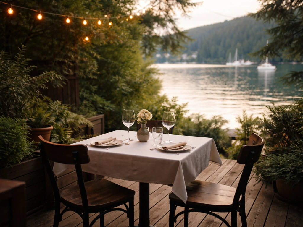 Cozy Deep Cove outdoor patio dining table with evergreen greenery and calm harbour water in the background.