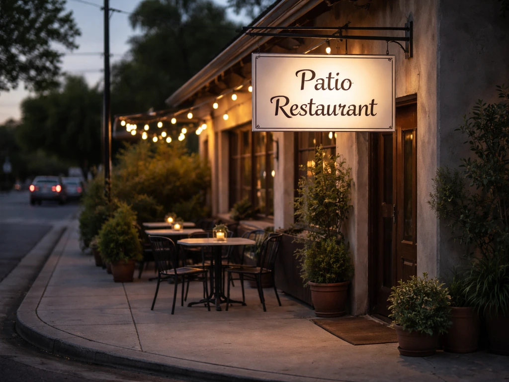 Exterior of a restaurant patio with a clear “Patio Restaurant” sign on a quiet street corner.