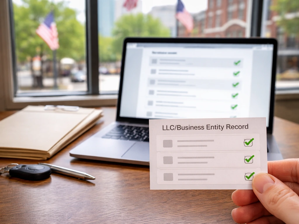 Anonymous laptop workflow with a blank LLC record card and folder on a desk for Ohio registry verification