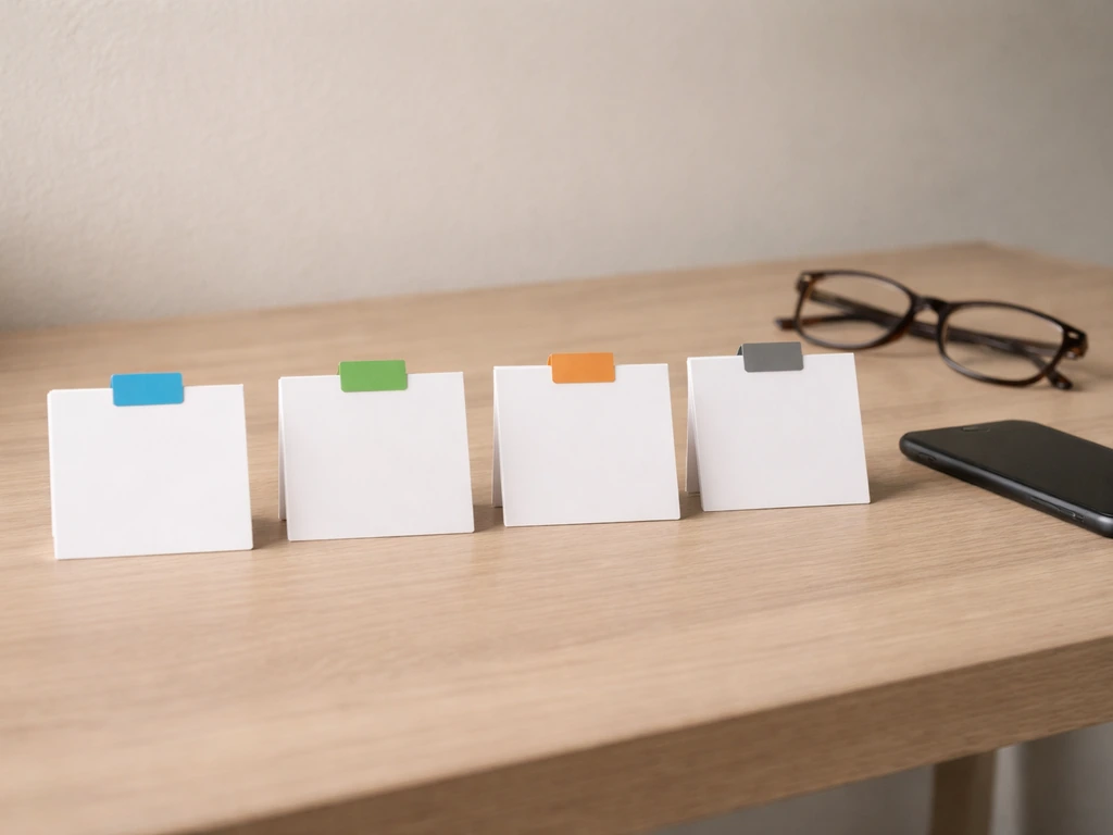 Minimal photo of a desk with four neatly arranged business cards showing roles using blank, label-free tags