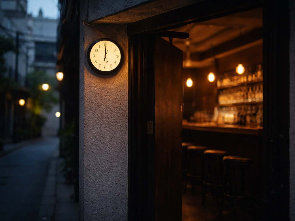 Nighttime view of a bar entrance with a wall clock near 6:00 PM, suggesting Tuesday late hours.