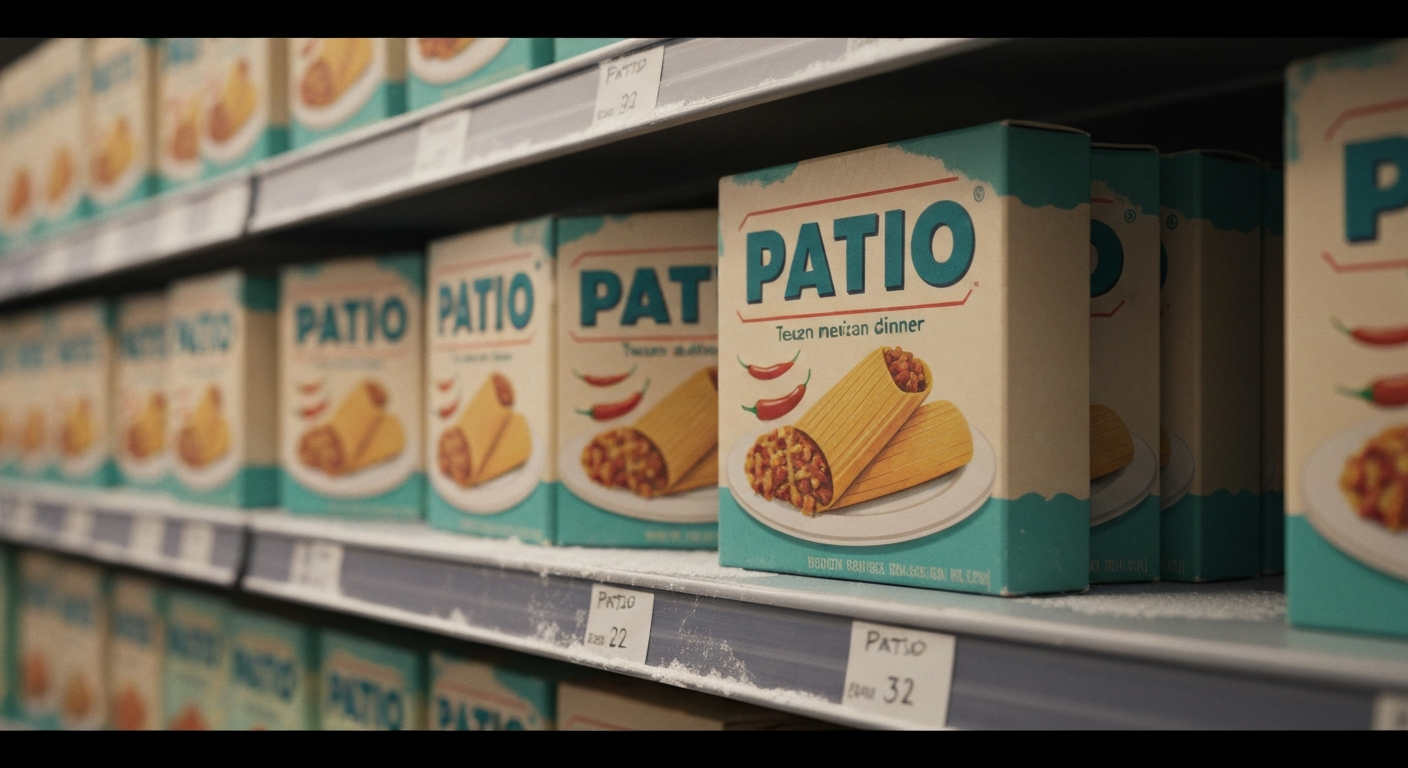 Vintage-style supermarket freezer shelf with a retro 'PATIO' frozen Tex‑Mex dinner box in front, light frost on the shelf and warm, nostalgic tones.