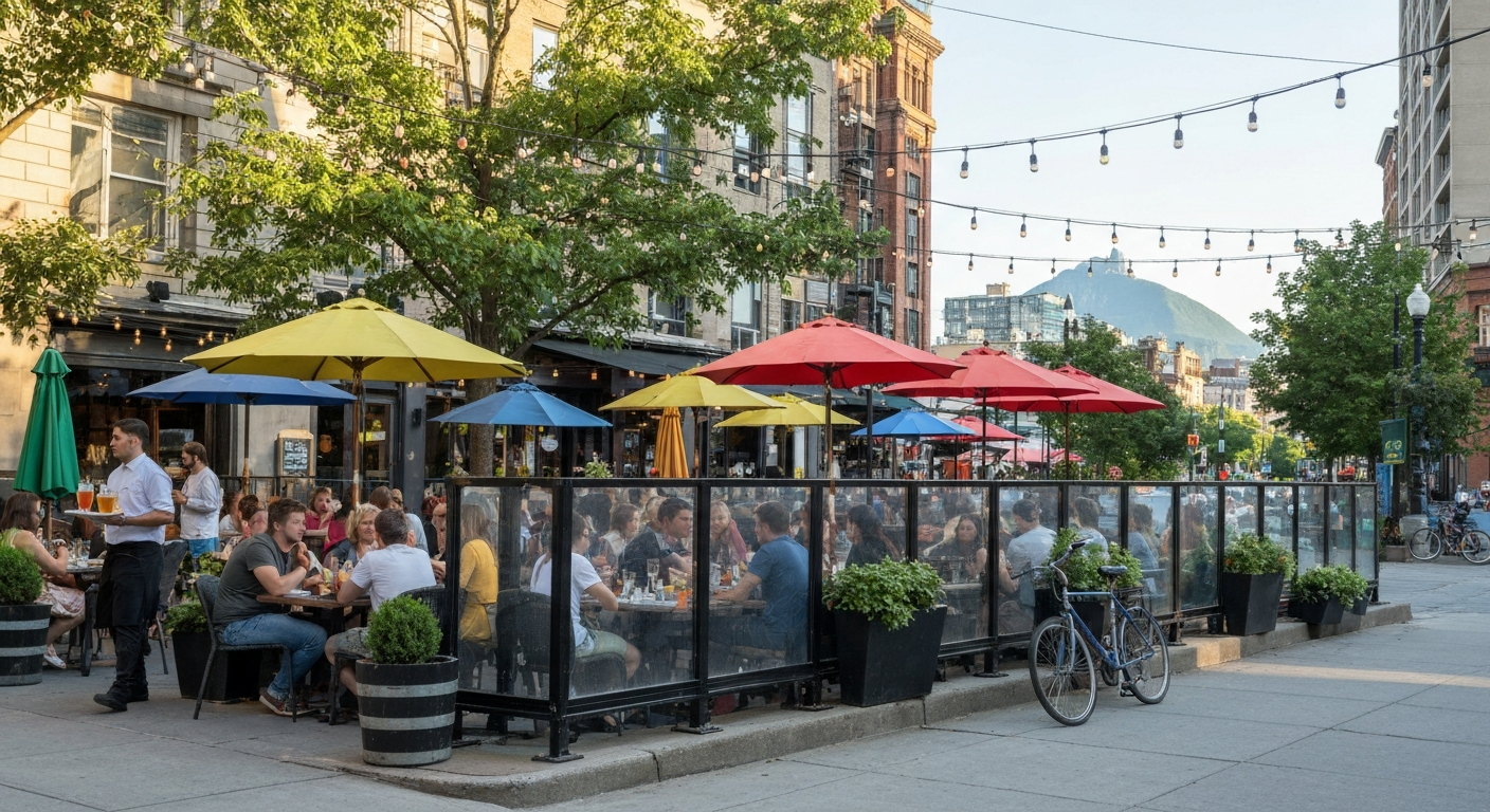Busy Montreal patio in summer with umbrellas, diners, planters, and Mount Royal in the background.