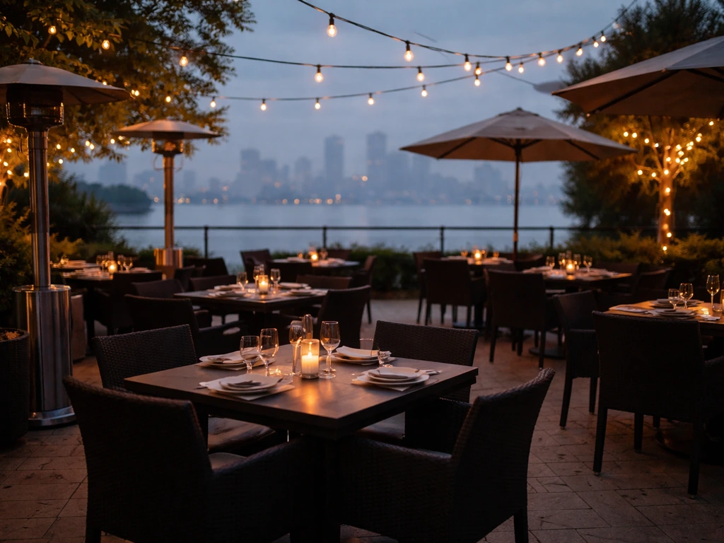 Warm outdoor dining patio in Mississauga at dusk with heaters, umbrellas, and city waterfront ambiance.