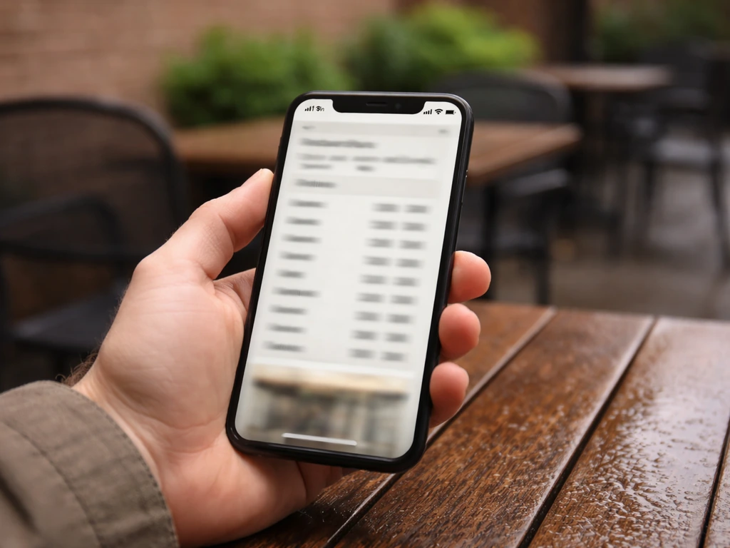Hand holding a smartphone over a quiet patio table, suggesting checking restaurant patio hours today
