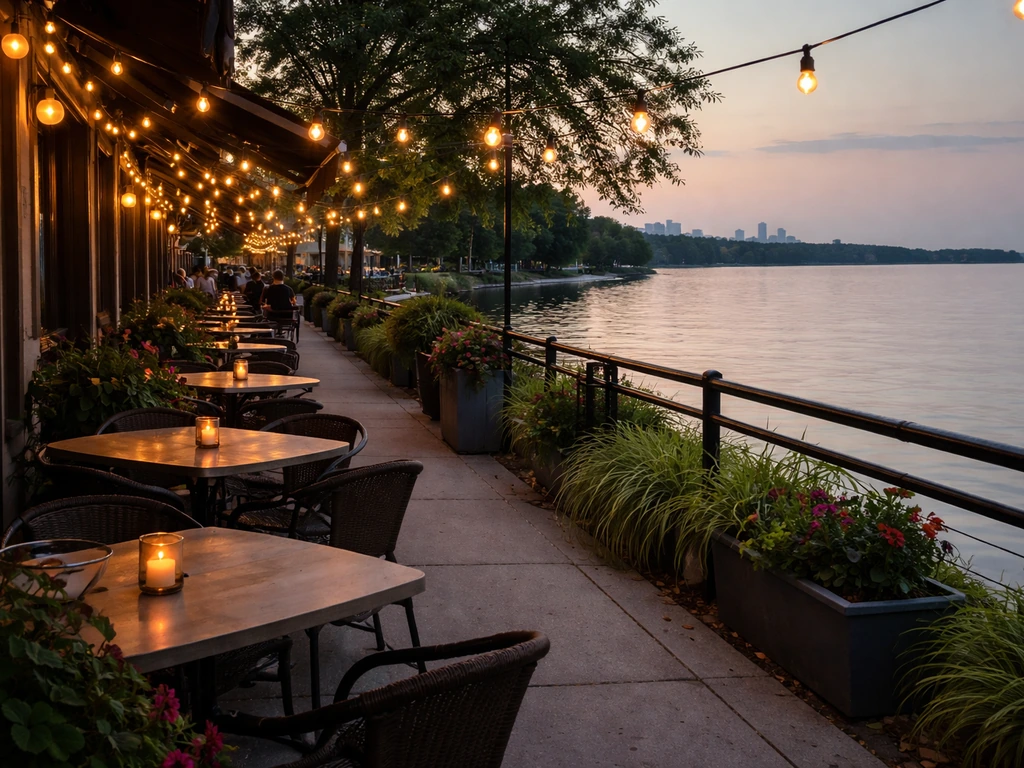 Lakeside patio in Port Credit along Lakeshore Road East at dusk with cozy outdoor dining lights