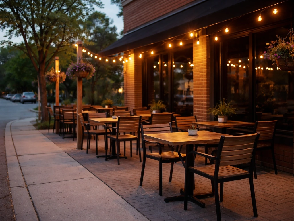 Quiet view of a cozy patio at Clarkson Pump & Patio in Clarkson, Mississauga, with warm lights and street ambience.