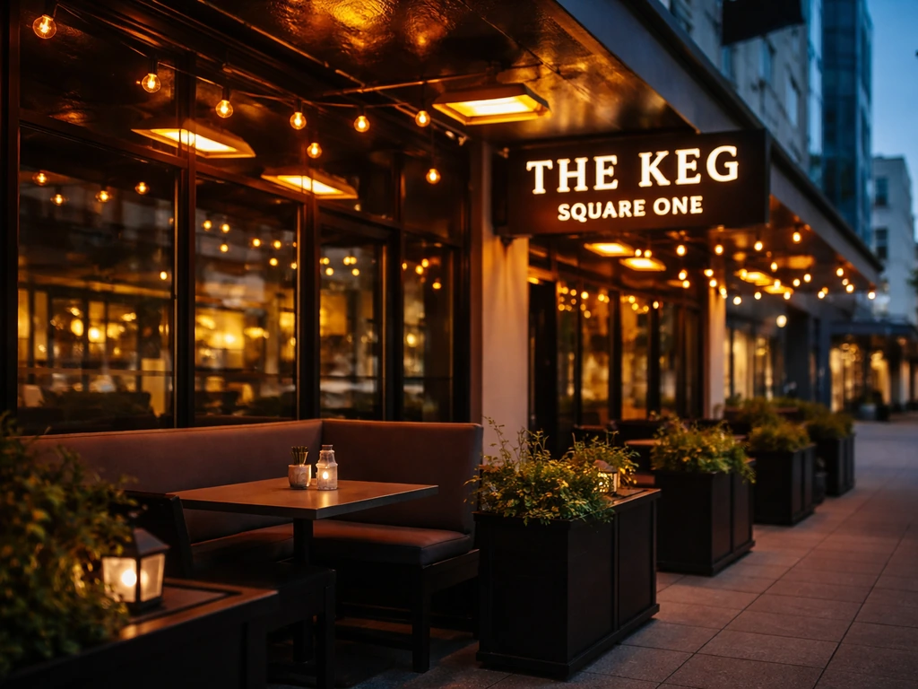 Heated patio exterior at Square One downtown with The Keg-style signage visible.