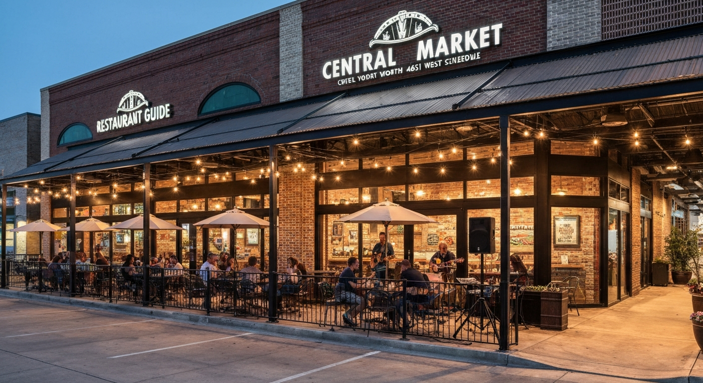 Central Market Fort Worth patio and storefront at dusk with outdoor seating and live music