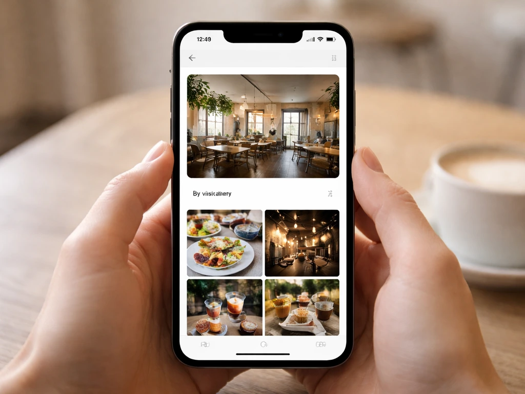 Smartphone showing a Google Maps venue photo gallery with the visitors photo feed highlighted.