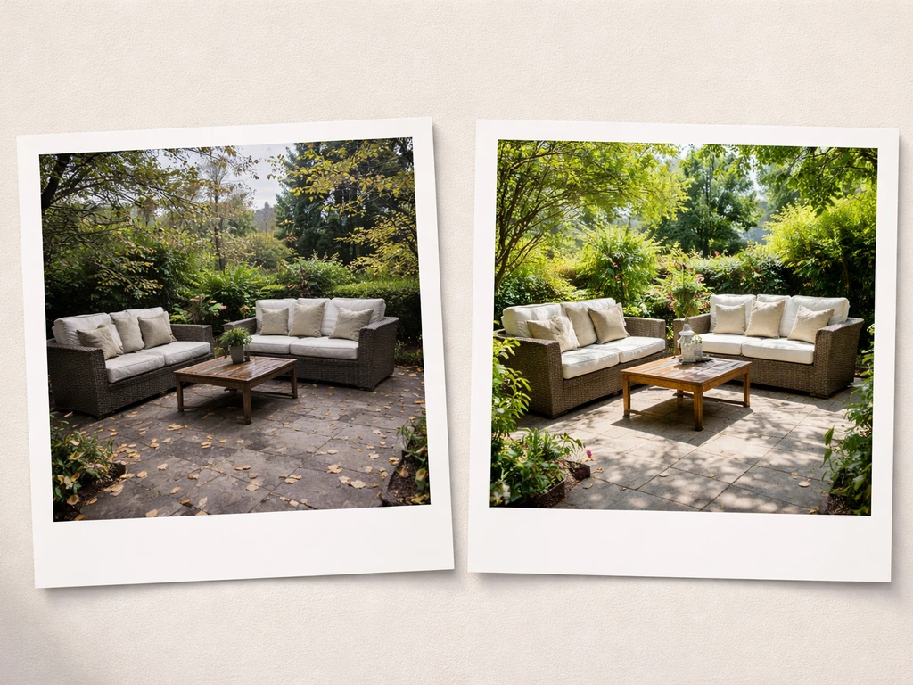 Two simple patio photos side by side, one showing older weather and one showing today’s brighter conditions.