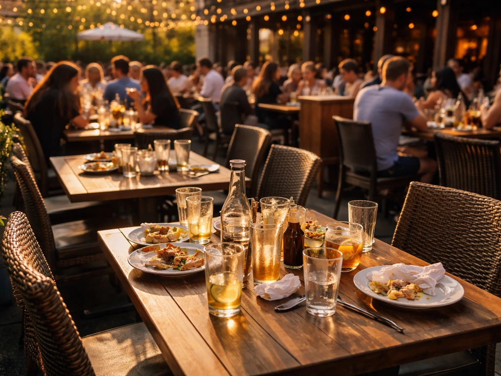 Busy restaurant patio at golden hour with tightly spaced tables suggesting reservations are needed.