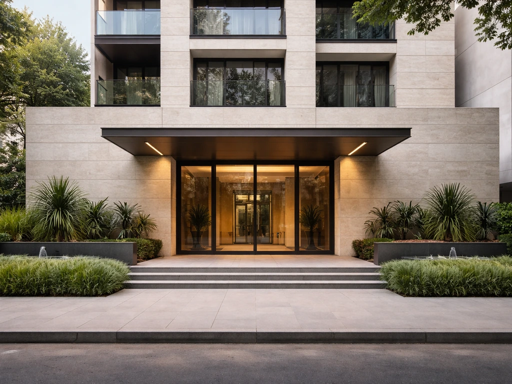 Exterior view of Edificio dos Patios in Polanco, Mexico City, focusing on the building entrance
