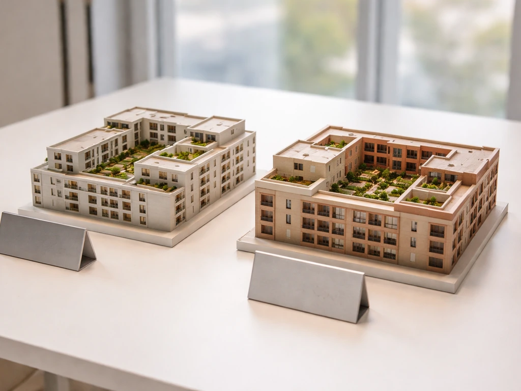 Desk with a small building model and two unlabeled street-sign plaques suggesting different locations.
