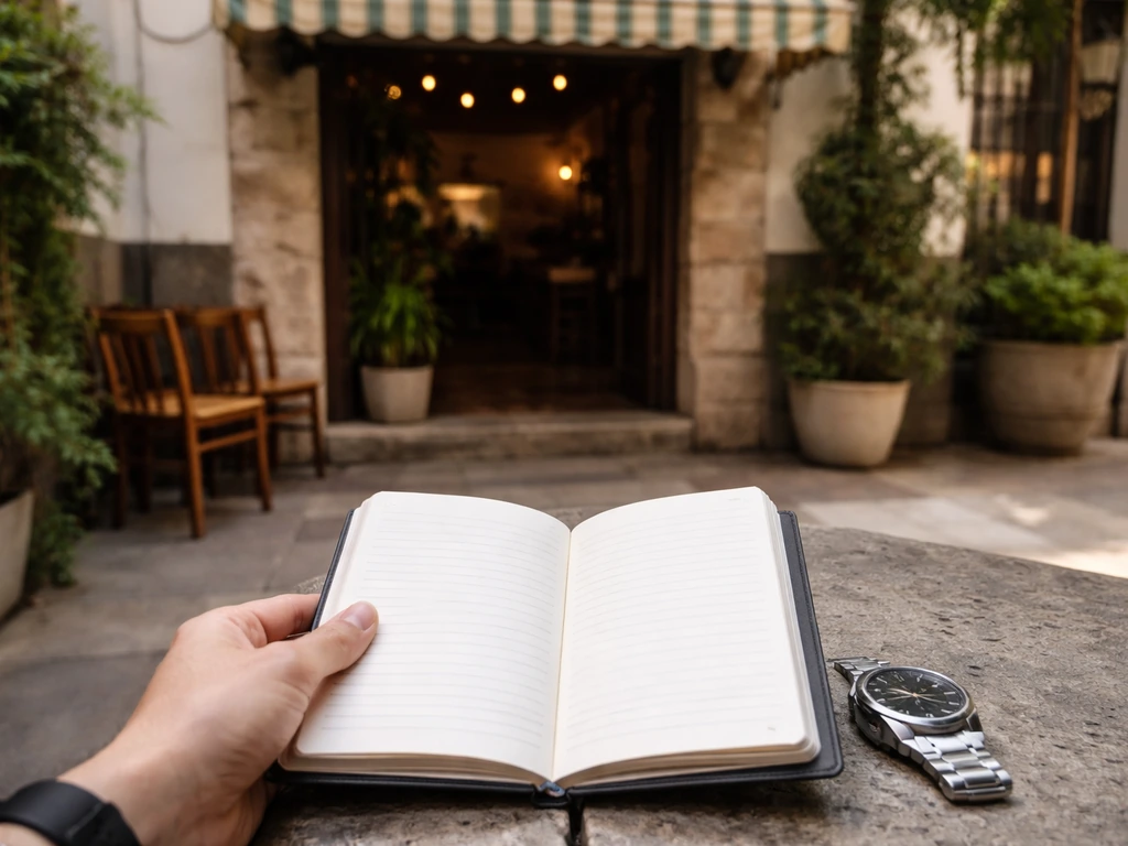 Empty restaurant entrance at daytime with an open planner and a wristwatch suggesting avoiding peak crowds