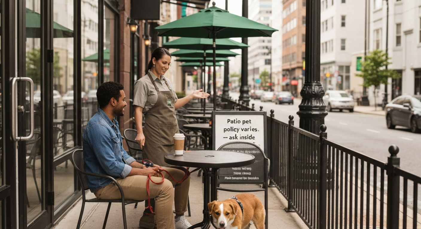 Outdoor café patio scene showing a customer with a dog on a leash at a table and a staff member near a sign that says the patio pet policy varies.