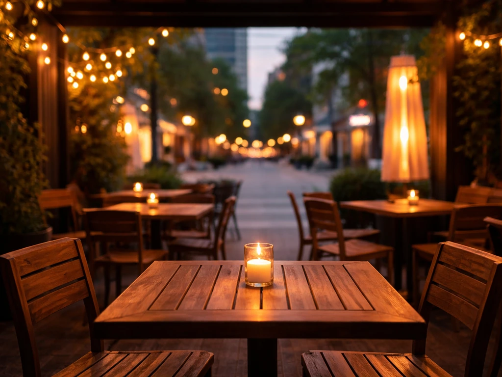 Warm dusk lighting on a King West patio with glowing string lights and cozy heaters, street-facing atmosphere.