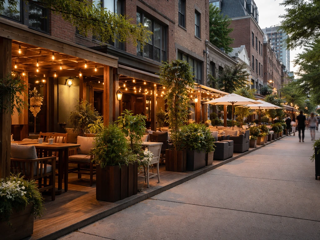 Street-level view of several King West patios in a row with distinct layouts and warm lighting