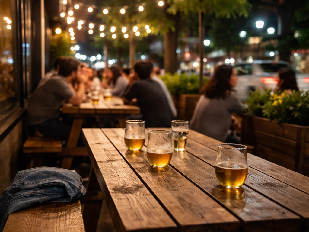 Busy King West patio with communal tables, warm lights, and implied street energy in the background.