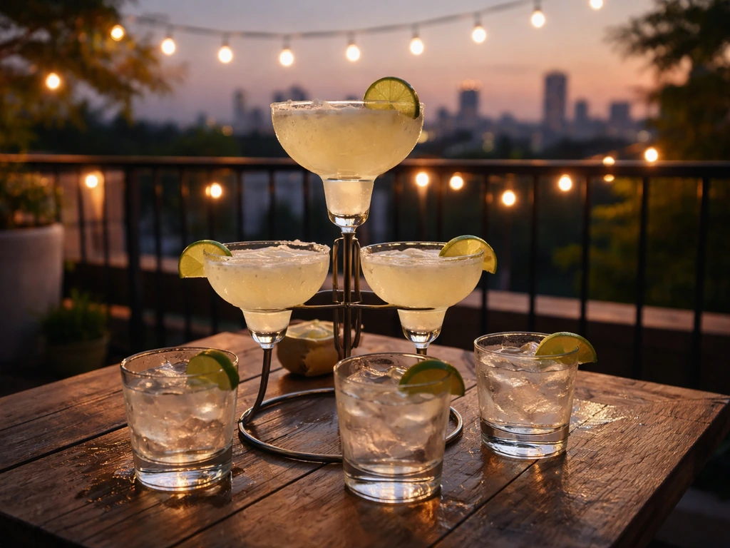 Rooftop patio drinks at dusk, margarita tower and cocktail glasses on a small table by the skyline.