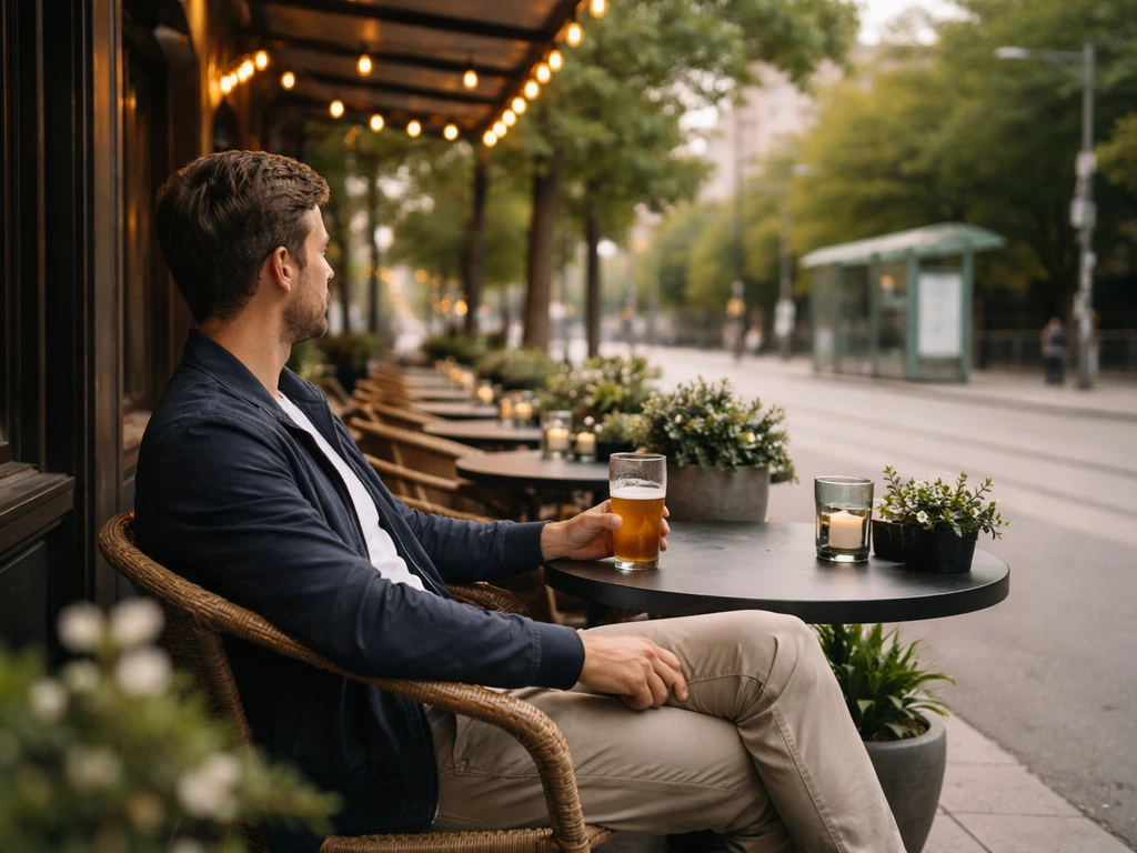Smart-casual visitor in casual jacket relaxing on a patio near a streetcar stop