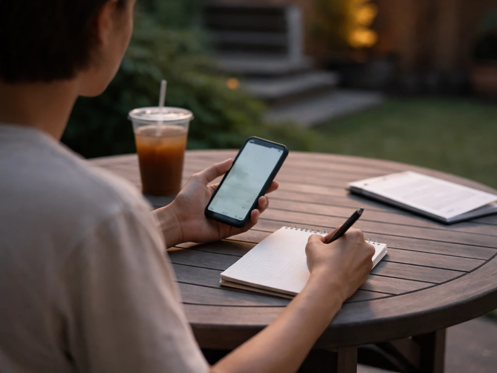 Adult on a patio table holding a phone and checking options while writing notes.