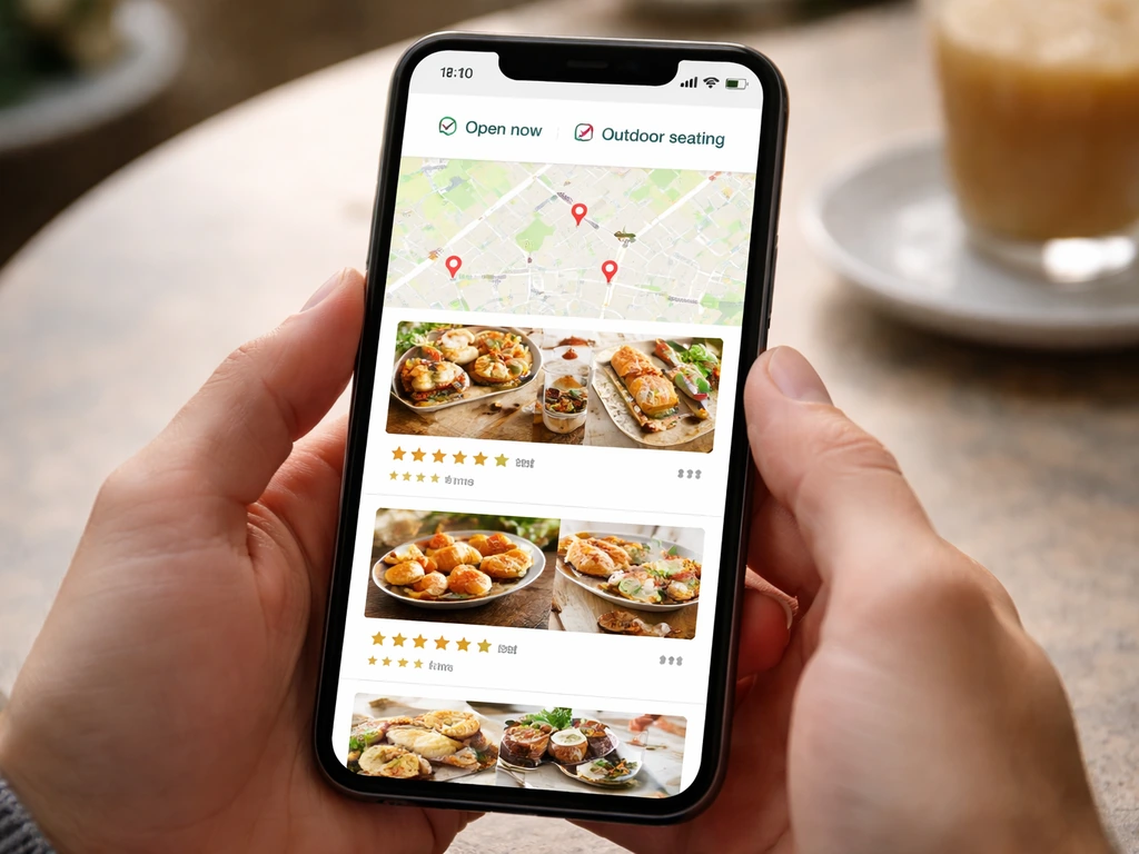 Smartphone screenshot-style view of map search results with filters for open now and outdoor seating.
