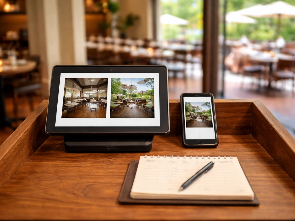 Restaurant host station with a tablet showing indoor vs outdoor reservation options, requesting outdoor seating.