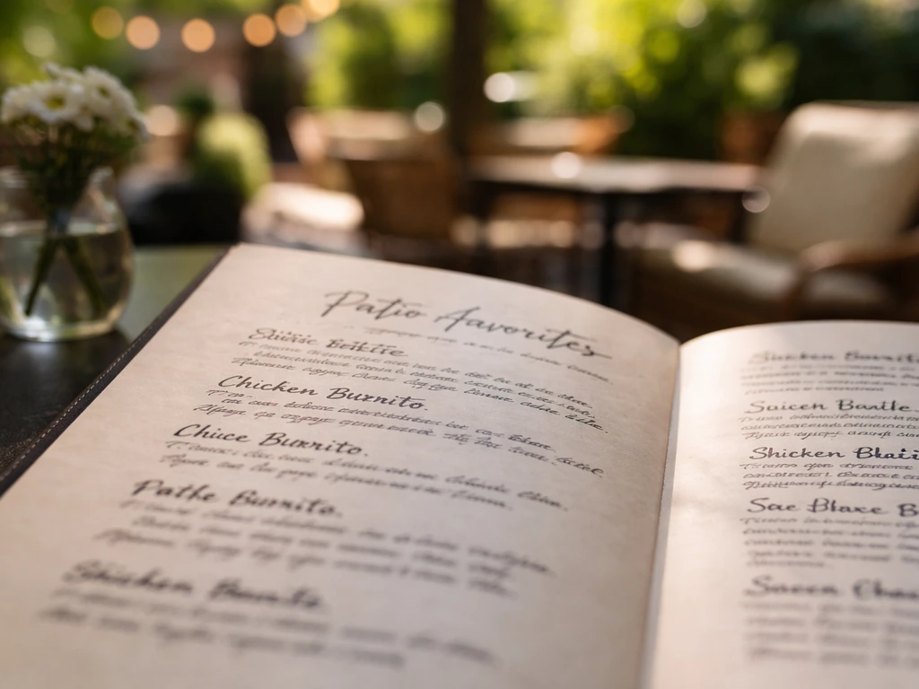 Close-up of a patio menu on an outdoor table with chicken burritos listed for patio service.
