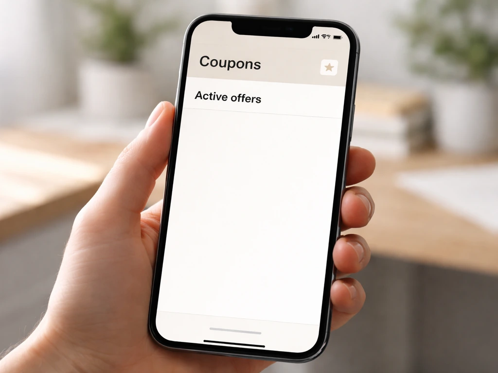 Phone showing a minimal coupons page with an empty active offers area and a highlighted bookmark icon.